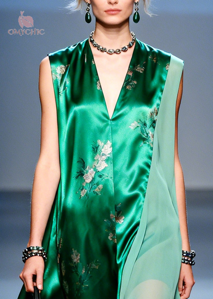 Floral Deep V-Neck Sleeveless Satin Chiffon Drape Maxi Dress - View 2