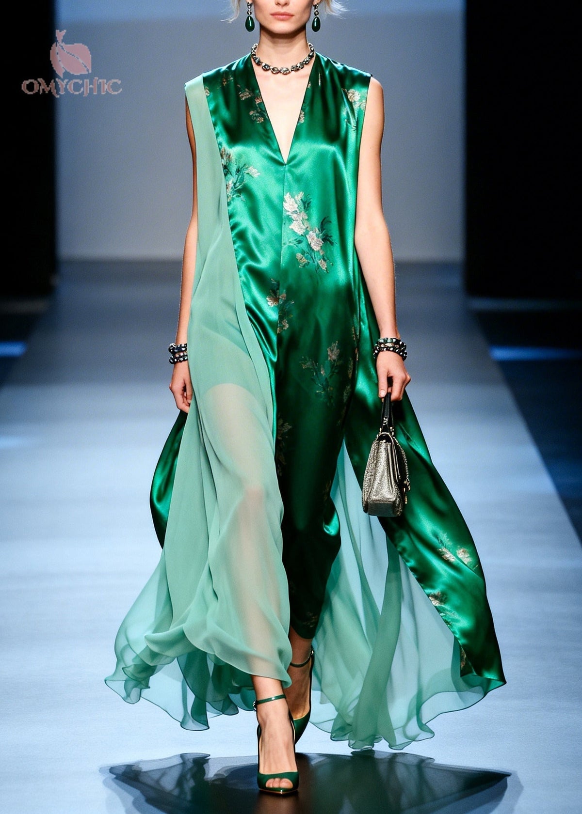 Floral Deep V-Neck Sleeveless Satin Chiffon Drape Maxi Dress - View 3