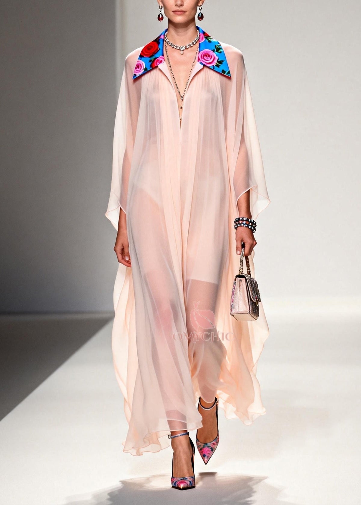 DIY Nude Peter Pan Collar Patchwork Chiffon Maxi Dress Summer - View 3