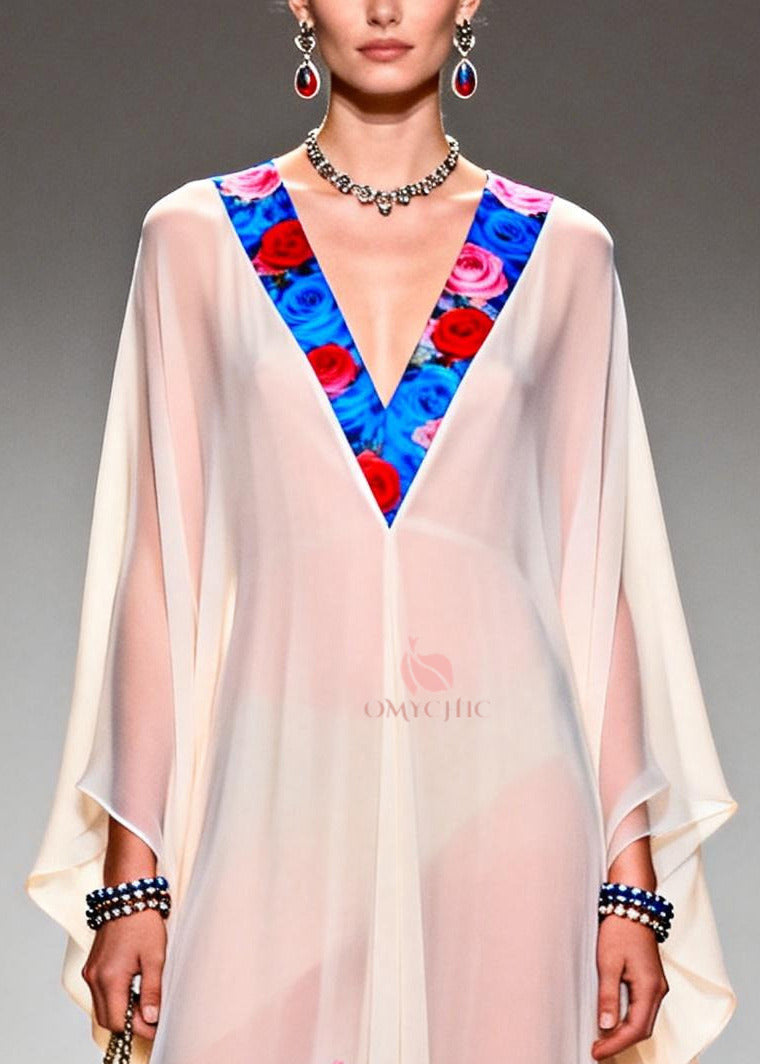 Sheer Chiffon Floral Trim V-Neck Kaftan Sleeve Rose Print Maxi Gown - View 2
