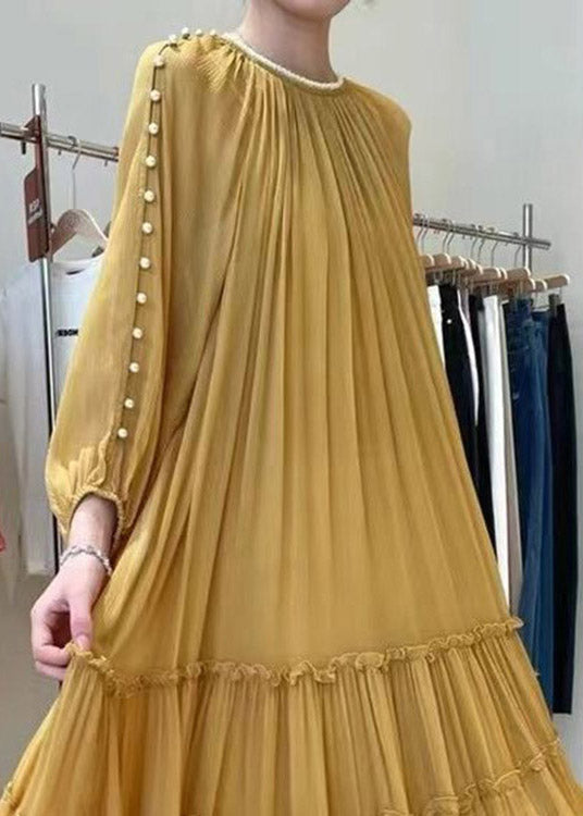 DIY Yellow O-Neck Nail bead Ruffled Silk Dress Long Sleeve - View 5