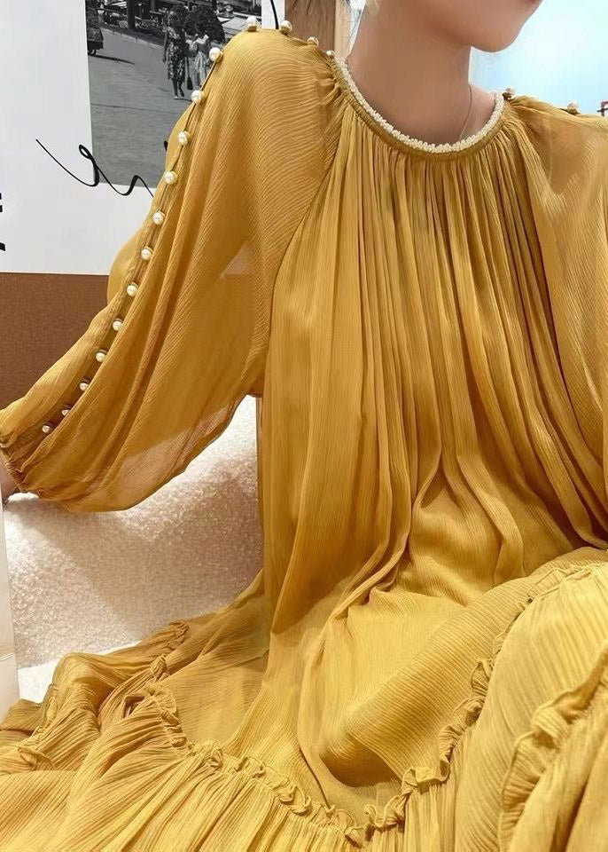 DIY Yellow O-Neck Nail bead Ruffled Silk Dress Long Sleeve - View 2