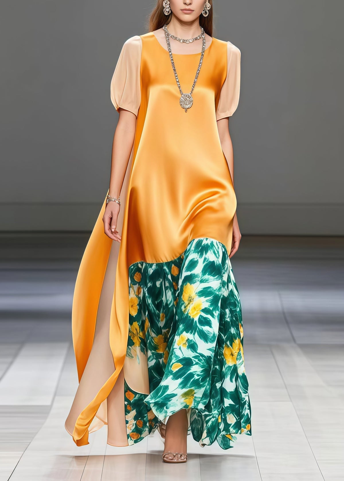 Floral Print Crew Neck Puff Sleeve Tiered Panel Maxi Dress