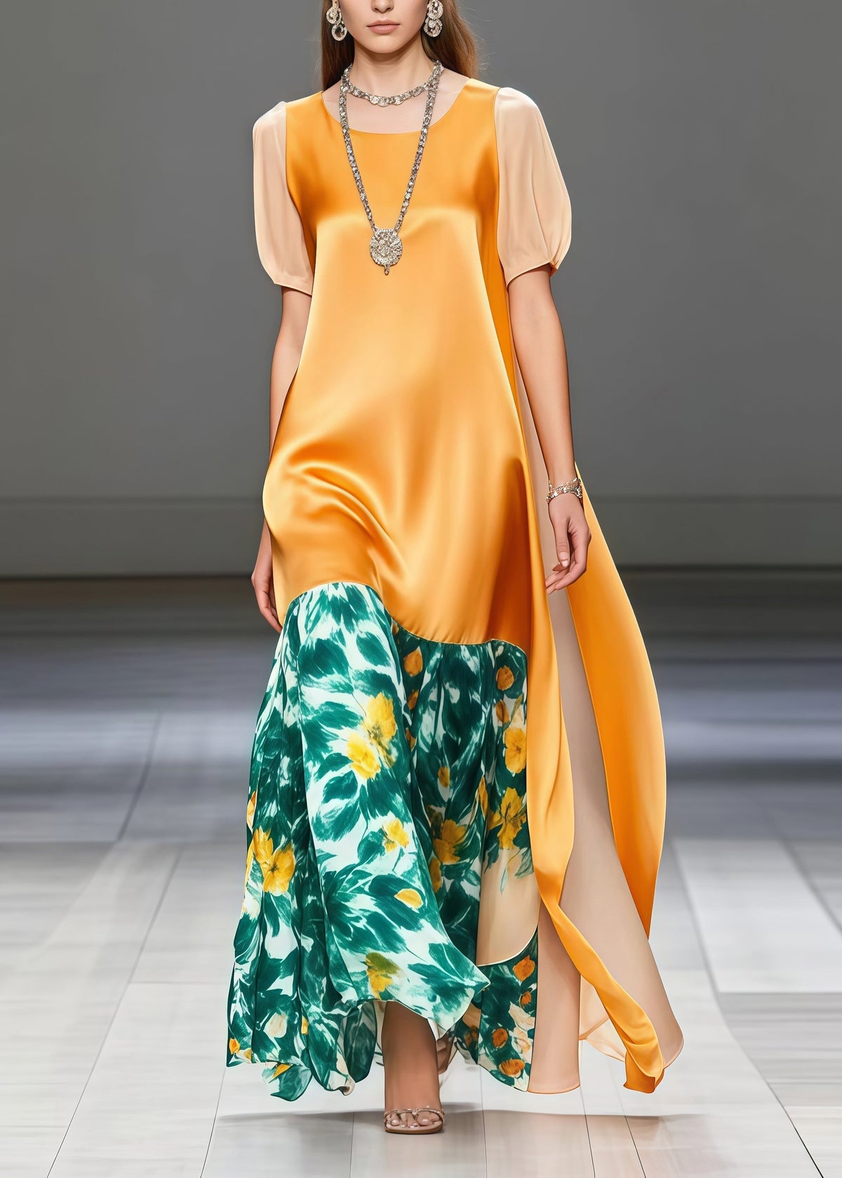 Floral Print Crew Neck Puff Sleeve Tiered Panel Maxi Dress - View 3