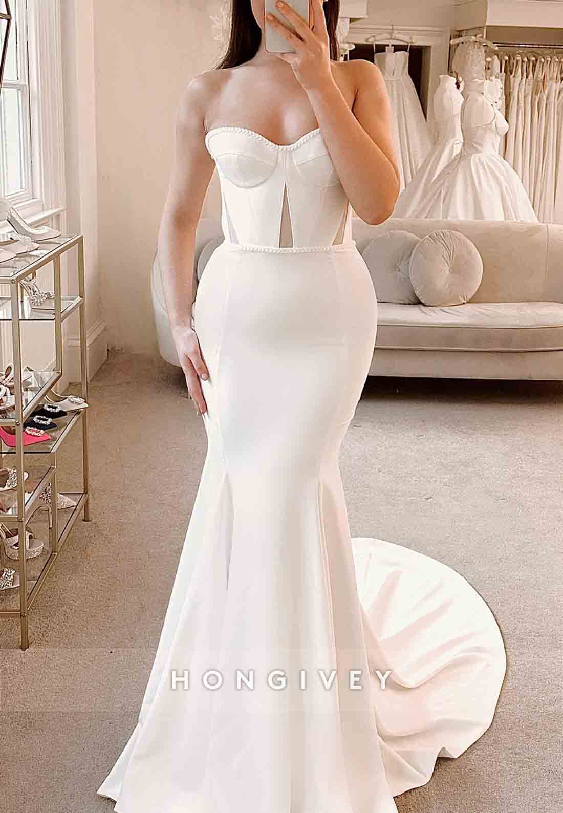 Strapless Halter Detachable Court Train Pearls Trim Trumpet Wedding Dresses