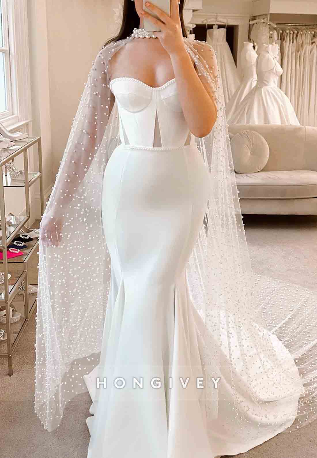 Strapless Halter Detachable Court Train Pearls Trim Trumpet Wedding Dresses