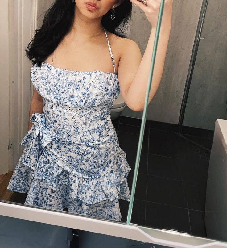 Classy Halter Blue Print Floral Ruffle Short Party Dress Formal Homecoming Dress Birthday Outfits D238