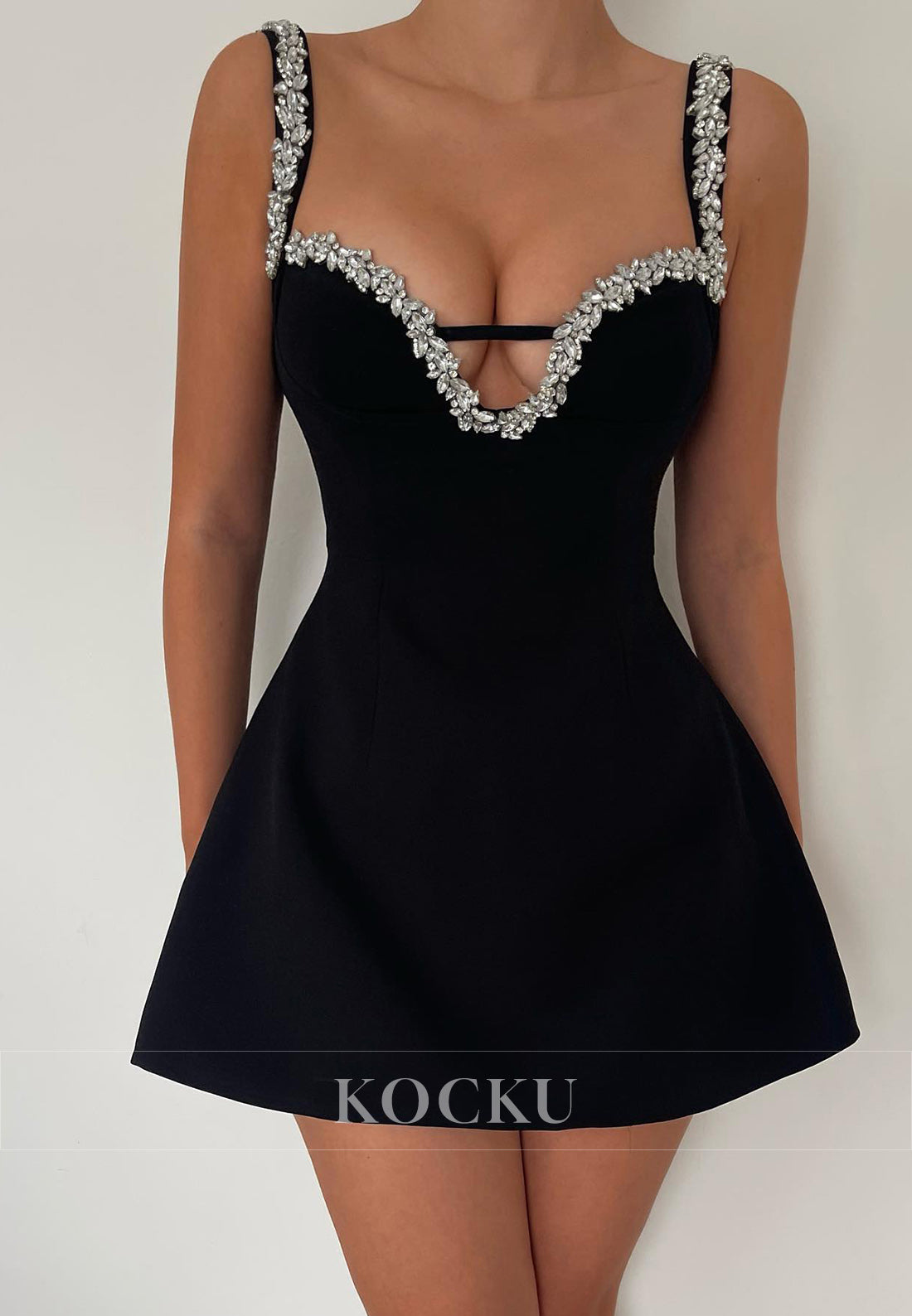 Rhinestone - Trimmed Strappy Mini Party Dress with Plunge Neckline
