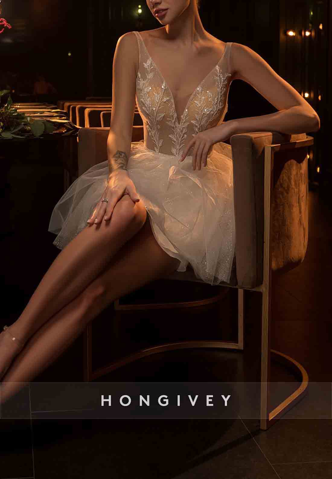 Low V-Neck Sleeveless Tulle V Back Regular Straps Short Wedding Dresses