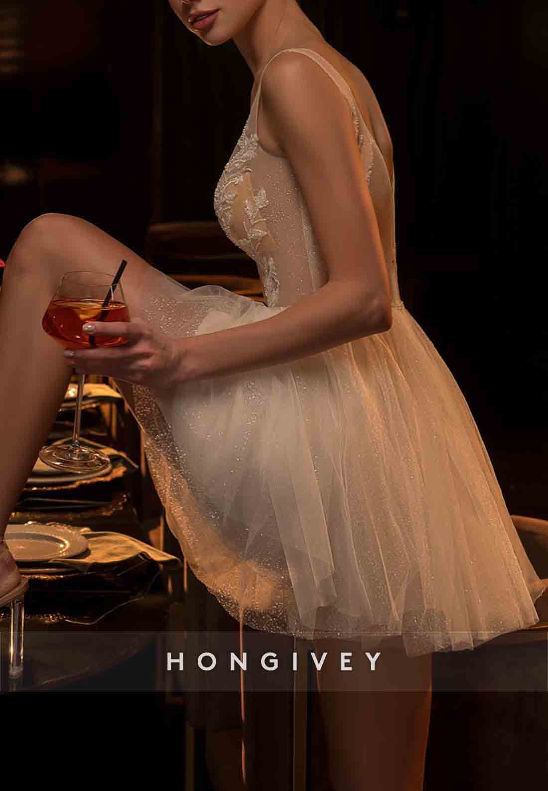 Low V-Neck Sleeveless Tulle V Back Regular Straps Short Wedding Dresses