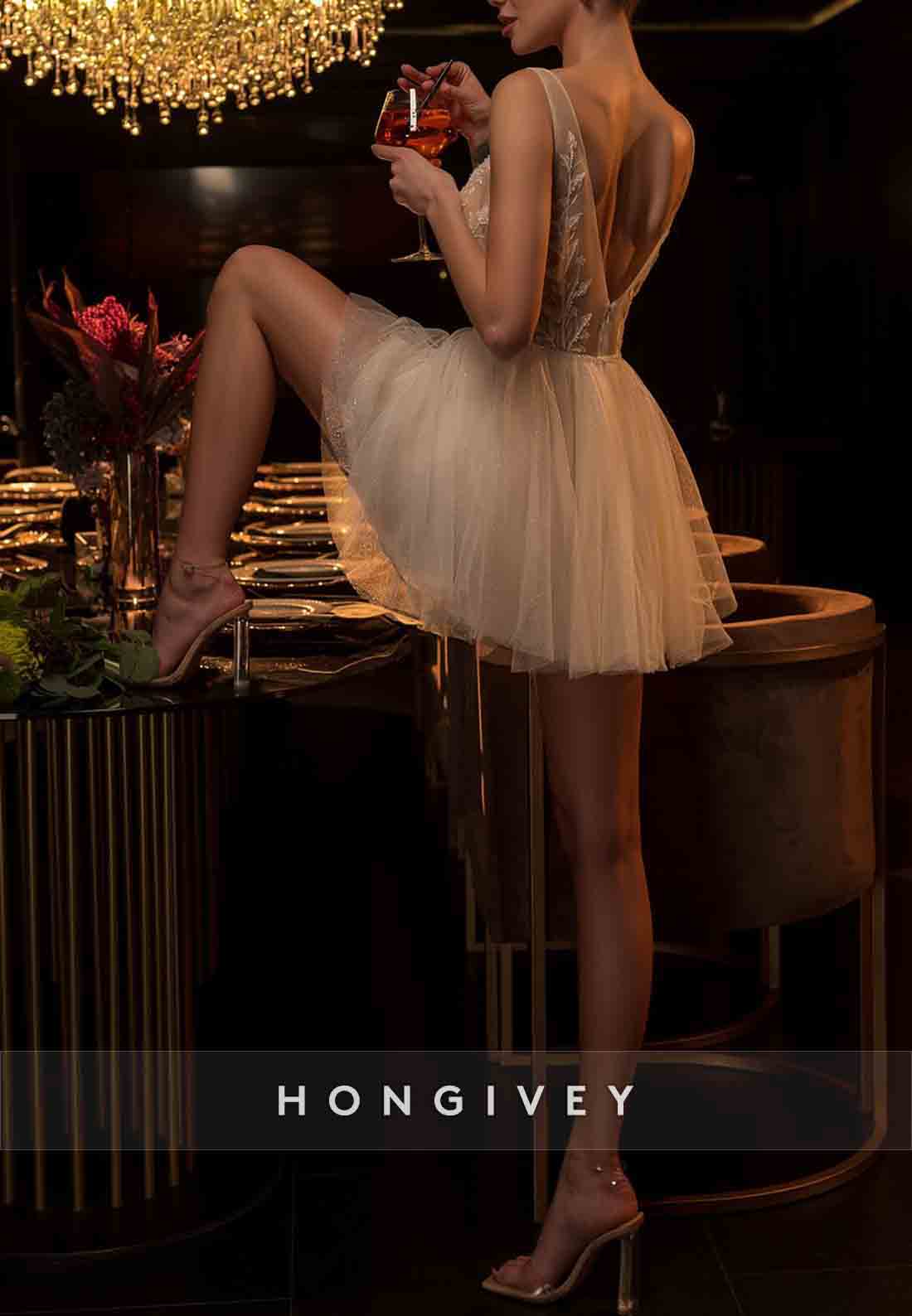 Low V-Neck Sleeveless Tulle V Back Regular Straps Short Wedding Dresses