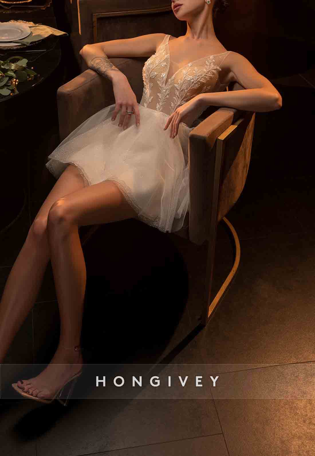 Low V-Neck Sleeveless Tulle V Back Regular Straps Short Wedding Dresses