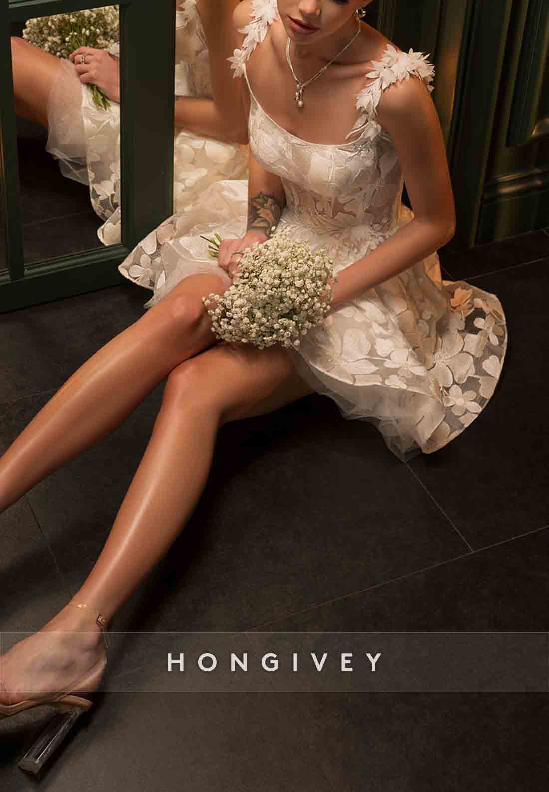 Shoulder Flower Square A-Line Covered Button Sleeveless Short Wedding Dresses