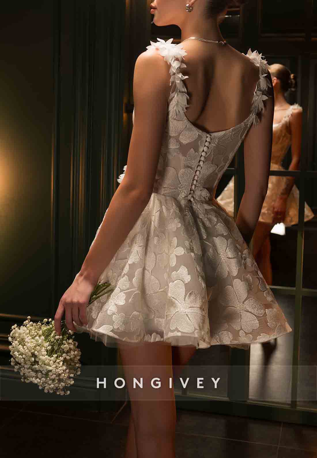 Shoulder Flower Square A-Line Covered Button Sleeveless Short Wedding Dresses