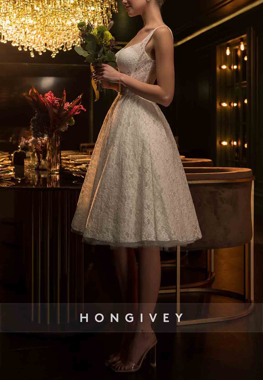 Lace Square A-Line Knee-Length Low Back Sleeveless Wedding Dresses