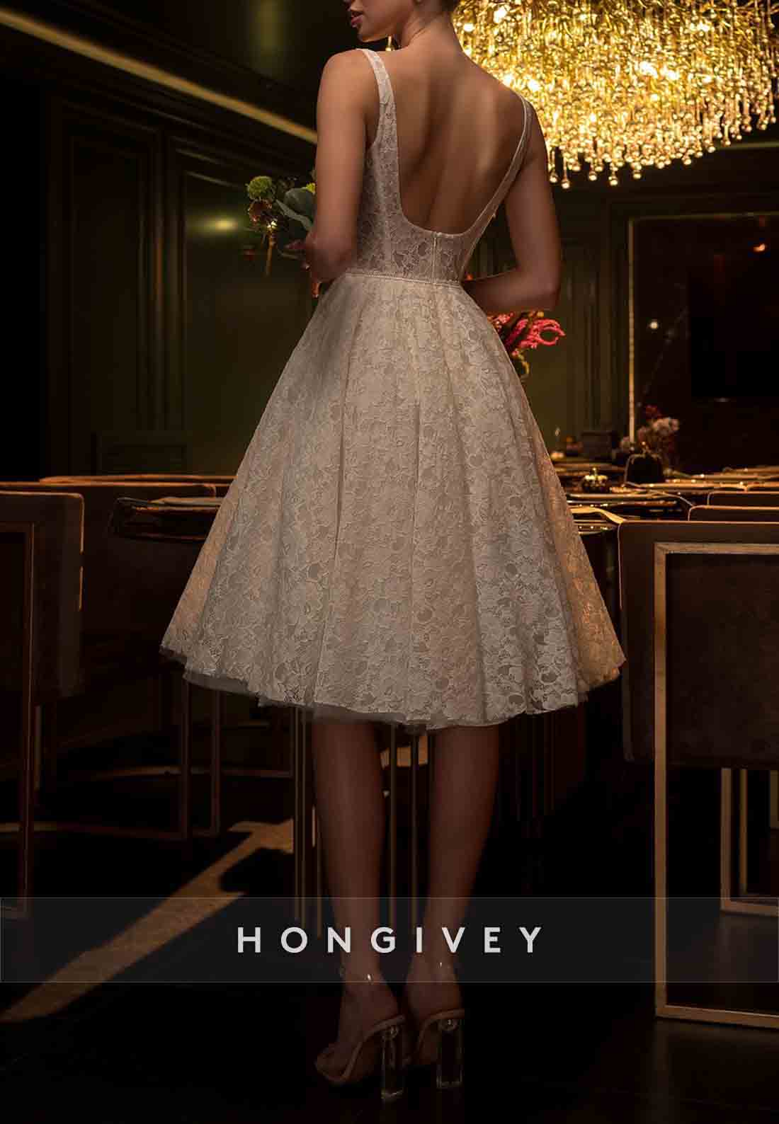 Lace Square A-Line Knee-Length Low Back Sleeveless Wedding Dresses