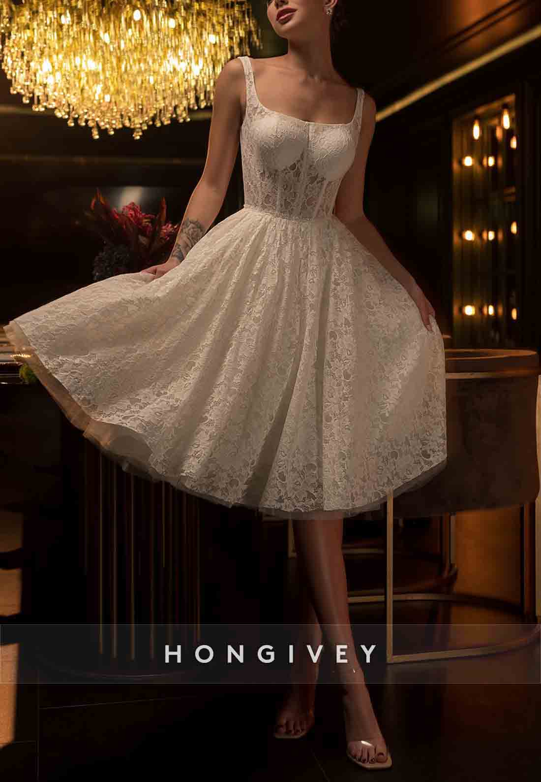 Lace Square A-Line Knee-Length Low Back Sleeveless Wedding Dresses