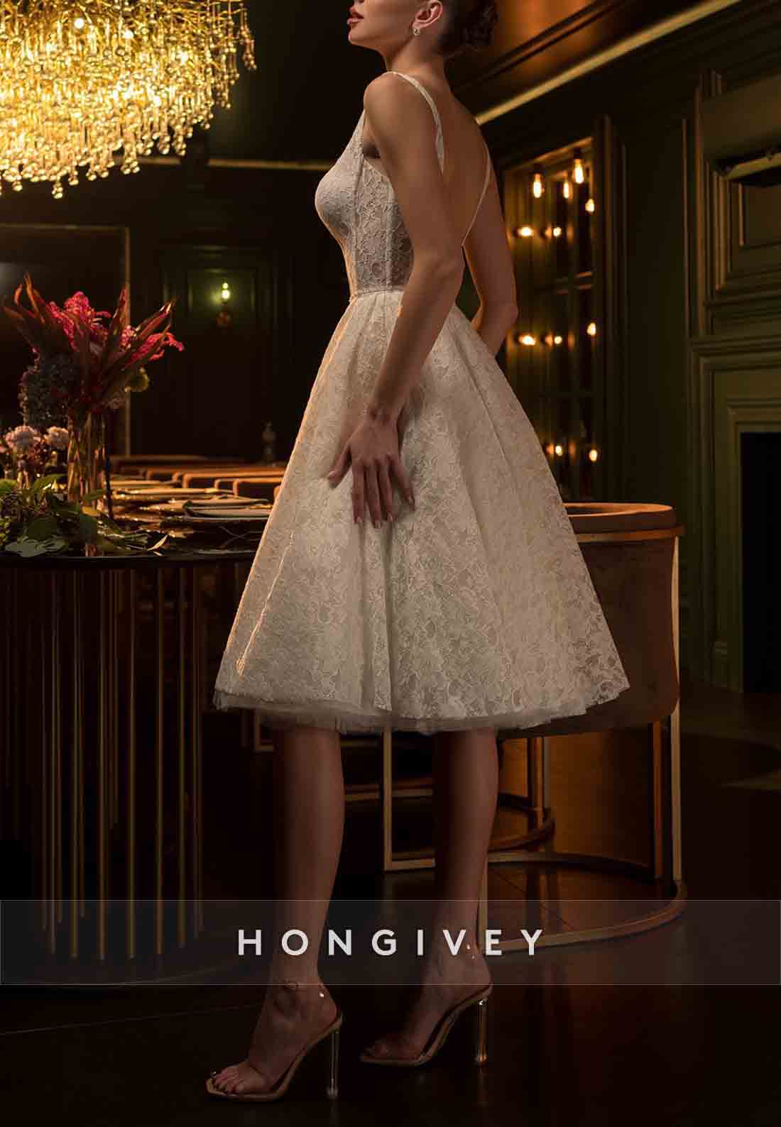 Lace Square A-Line Knee-Length Low Back Sleeveless Wedding Dresses