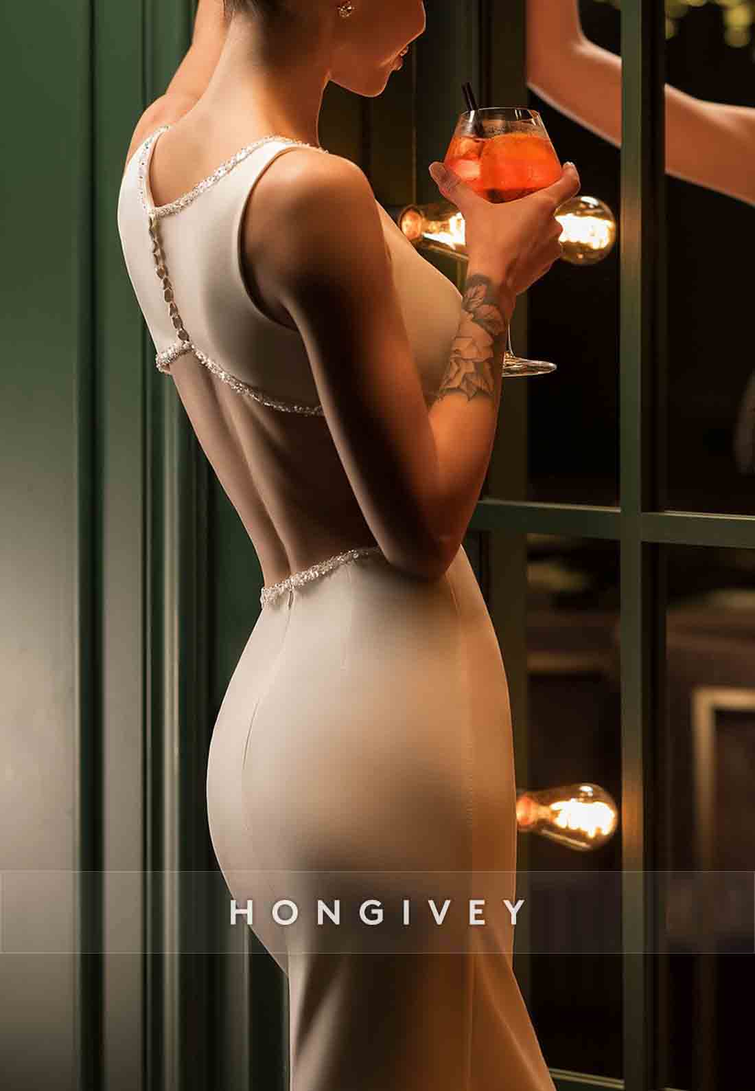 Knee-Length Scoop Sleeveless Cut out Back Trim Sheath Wedding Dresses