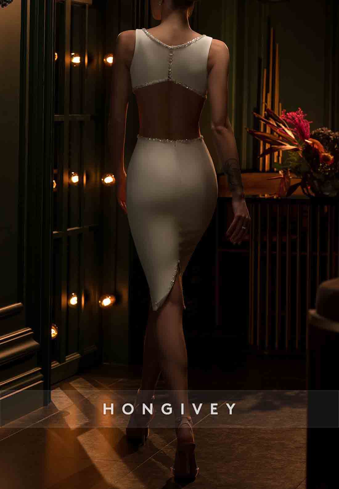 Knee-Length Scoop Sleeveless Cut out Back Trim Sheath Wedding Dresses