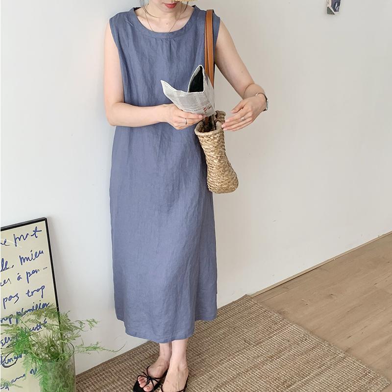Round Neck Sleeveless Shift Linen Midi Dress Summer 14