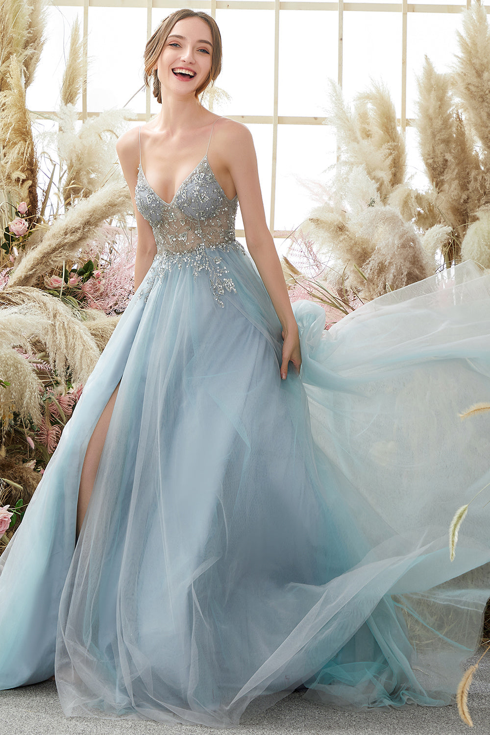Purple Beading Tulle Prom Dress - Fashionpara