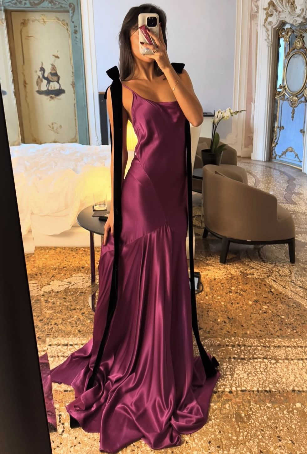 Elegant Purple Spaghetti Straps Satin Mermaid Long Evening Dress Wedding Guest Dress D1388