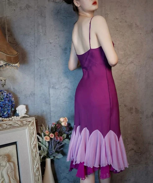 Vintage Spaghetti Straps Purple Satin Mermaid Evening Dress Long Wedding Guest Dress D1421