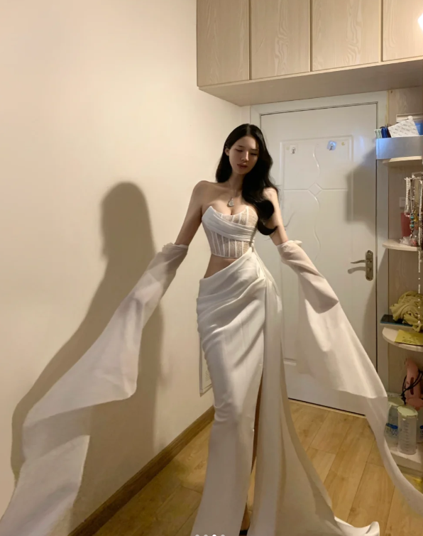 Sexy Strapless Satin Slit White Mermaid Long Prom Gown Party Dress D848