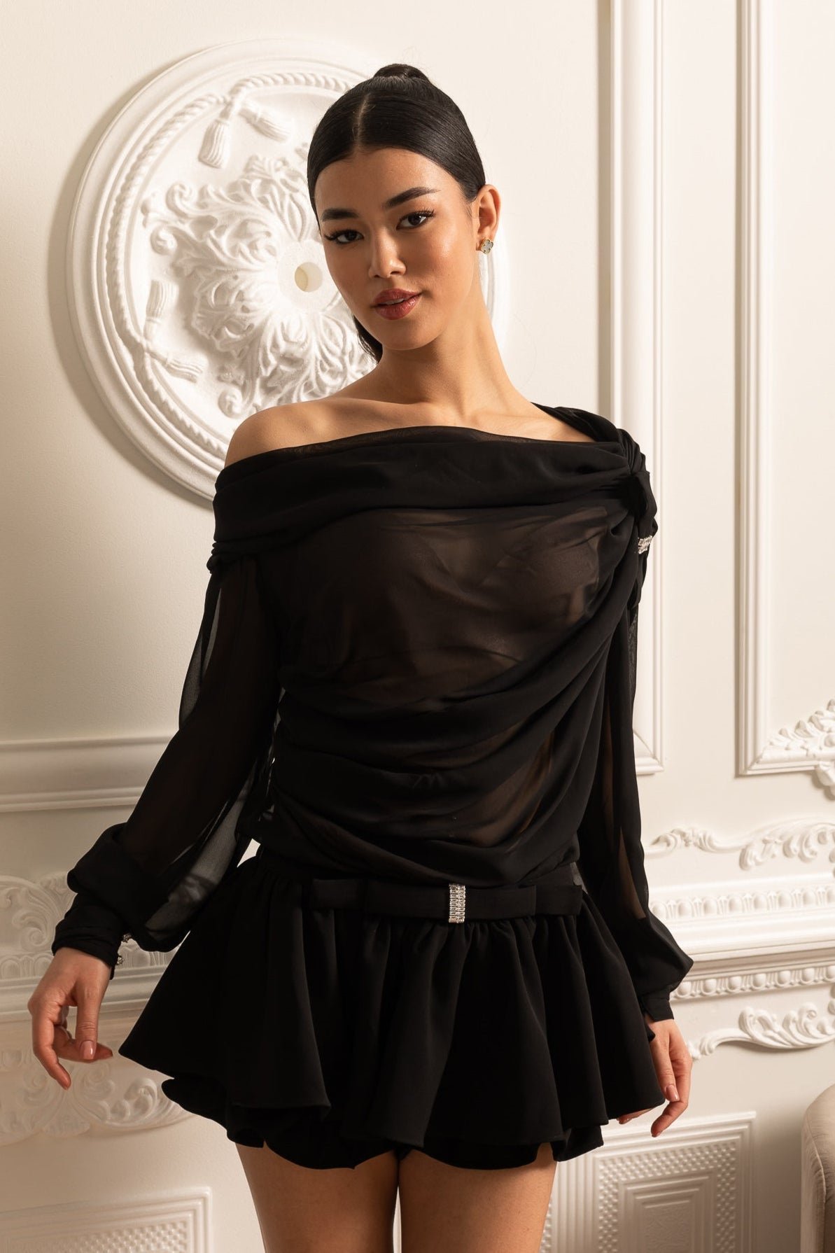 Sheer Mesh Off Shoulder Long Sleeve Rhinestone Buckle Mini Dress