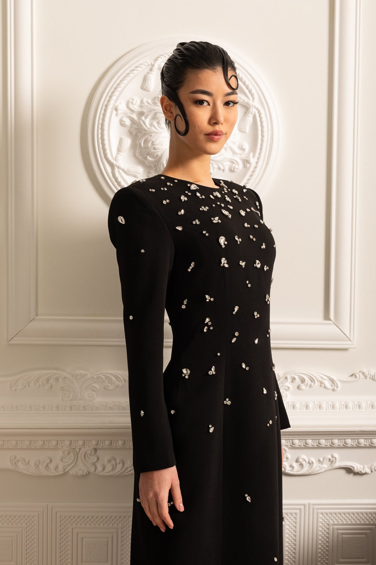 Crystal Embellished Padded Shoulder Long Sleeve Floor Length Gown - View 2