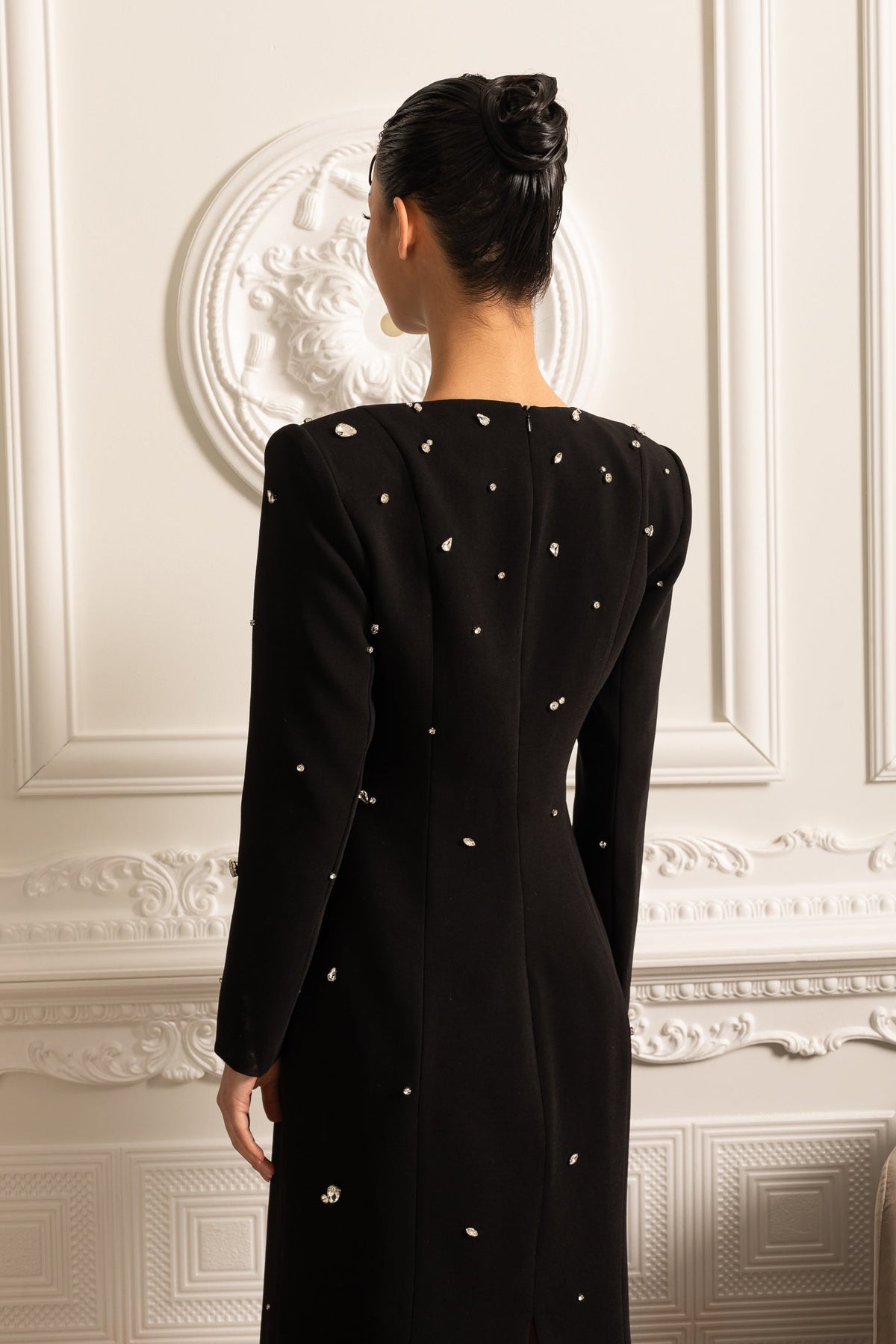 Crystal Embellished Padded Shoulder Long Sleeve Floor Length Gown - View 12
