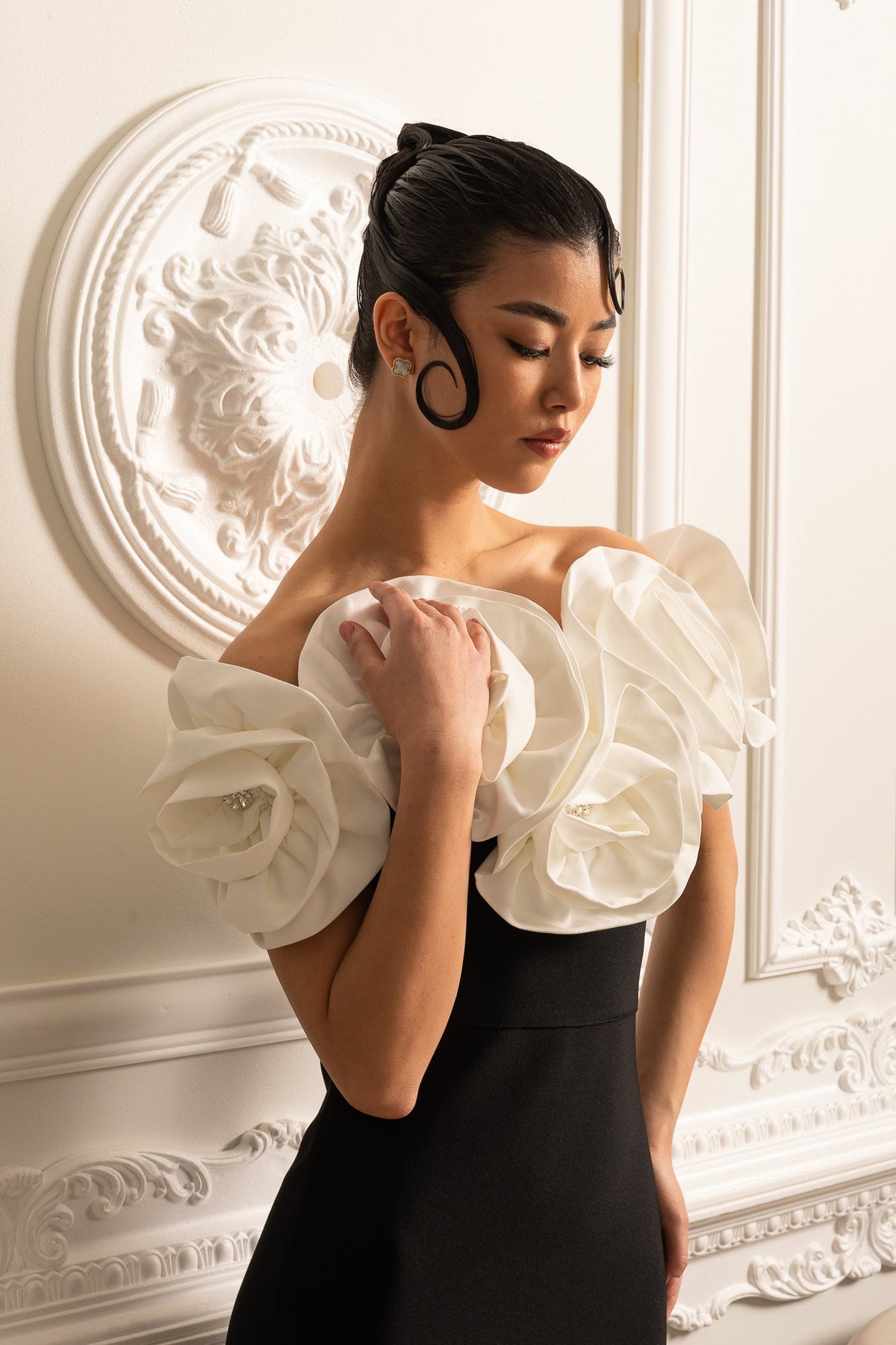 Off Shoulder Oversized Rosette Neckline Column Maxi Gown - View 8