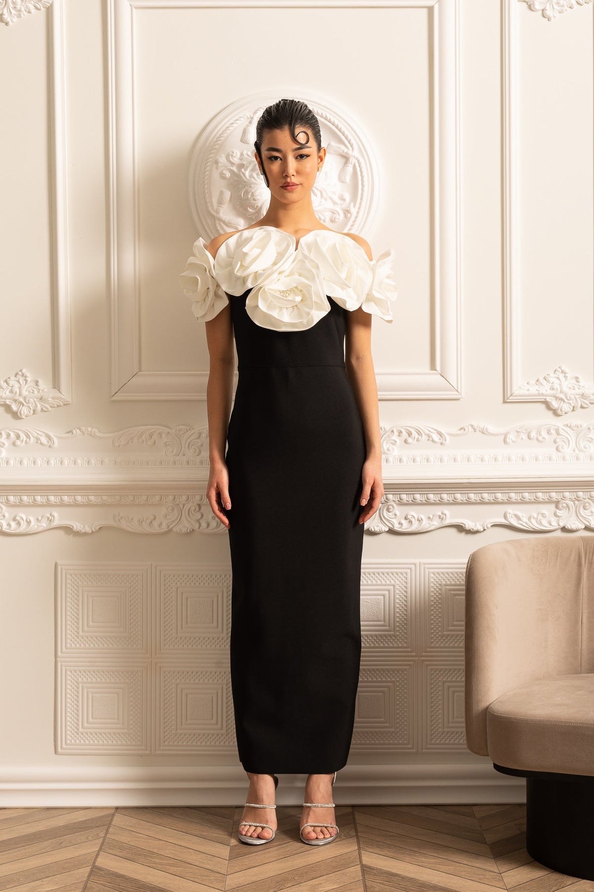 Off Shoulder Oversized Rosette Neckline Column Maxi Gown - View 4