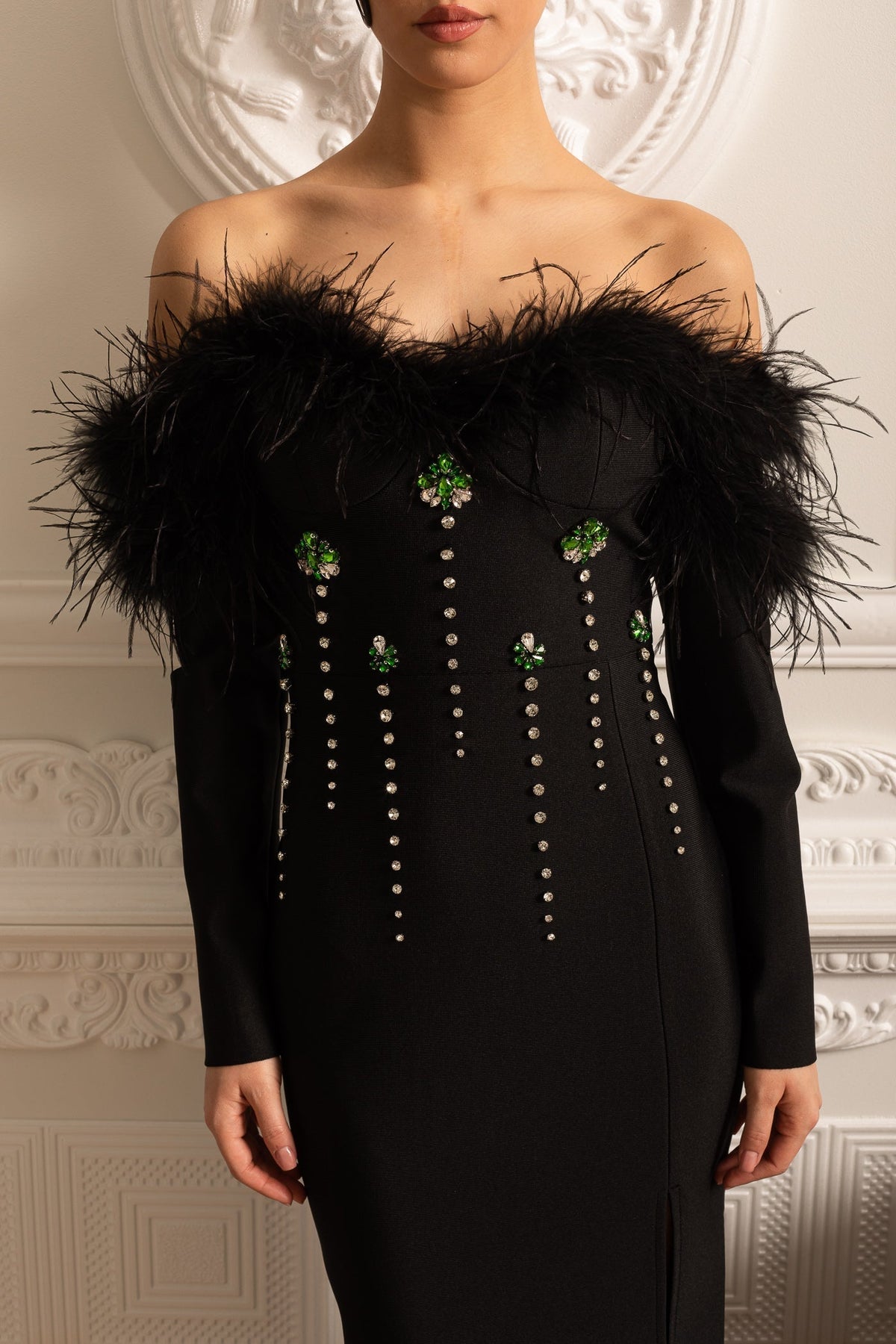 Off Shoulder Feather Trim Rhinestone Long Sleeve High Split Maxi Gown - View 2