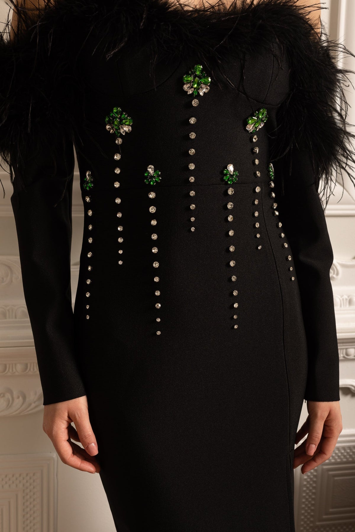 Off Shoulder Feather Trim Rhinestone Long Sleeve High Split Maxi Gown - View 8