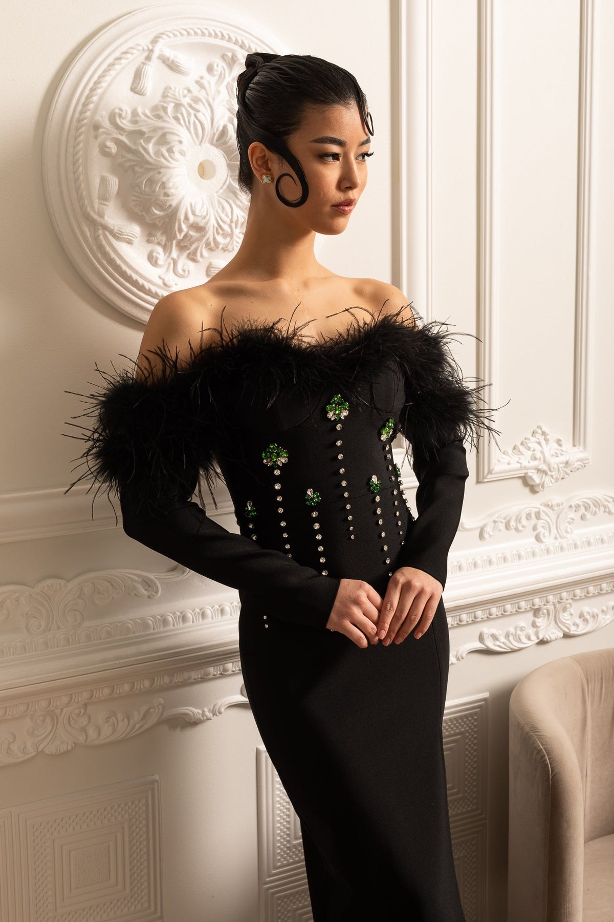 Off Shoulder Feather Trim Rhinestone Long Sleeve High Split Maxi Gown - View 4