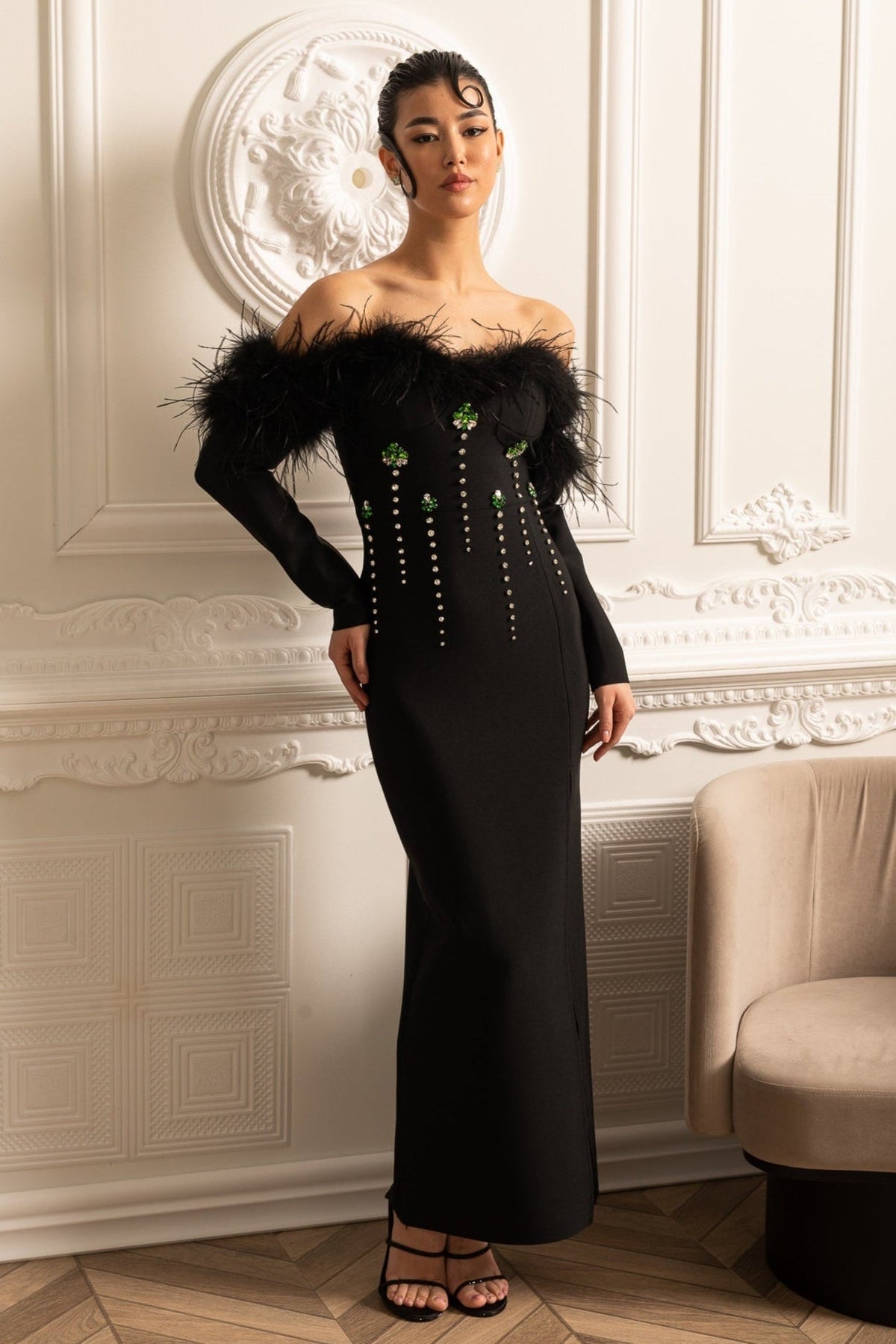 Off Shoulder Feather Trim Rhinestone Long Sleeve High Split Maxi Gown - View 3