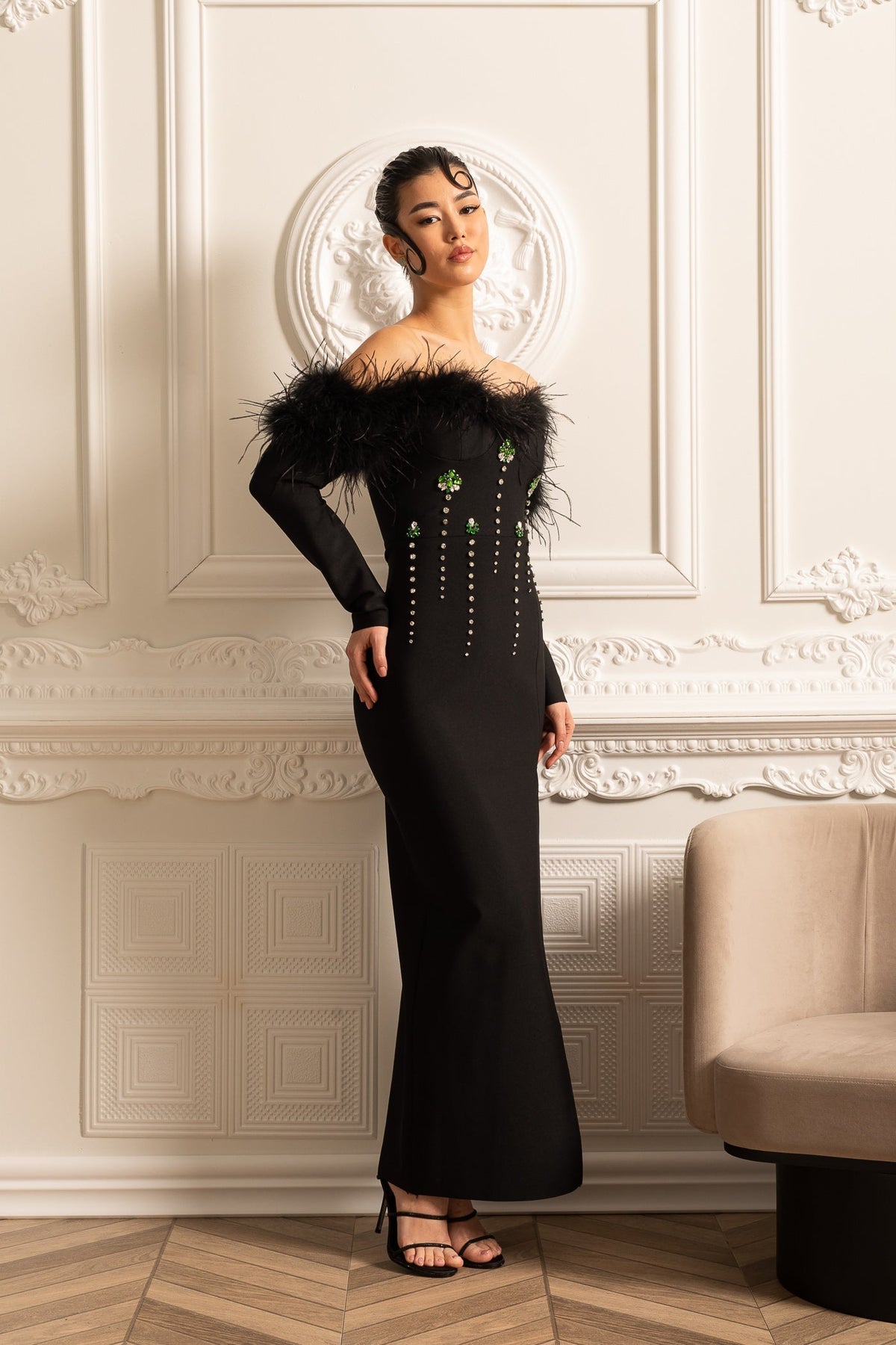 Off Shoulder Feather Trim Rhinestone Long Sleeve High Split Maxi Gown - View 11