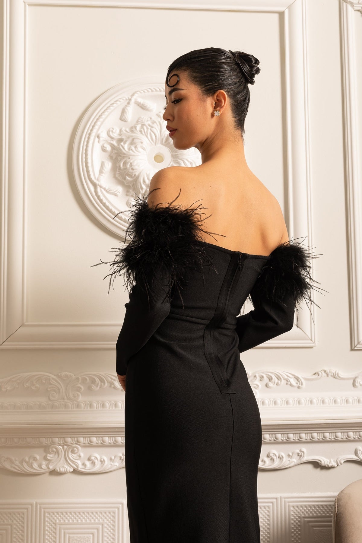 Off Shoulder Feather Trim Rhinestone Long Sleeve High Split Maxi Gown - View 12