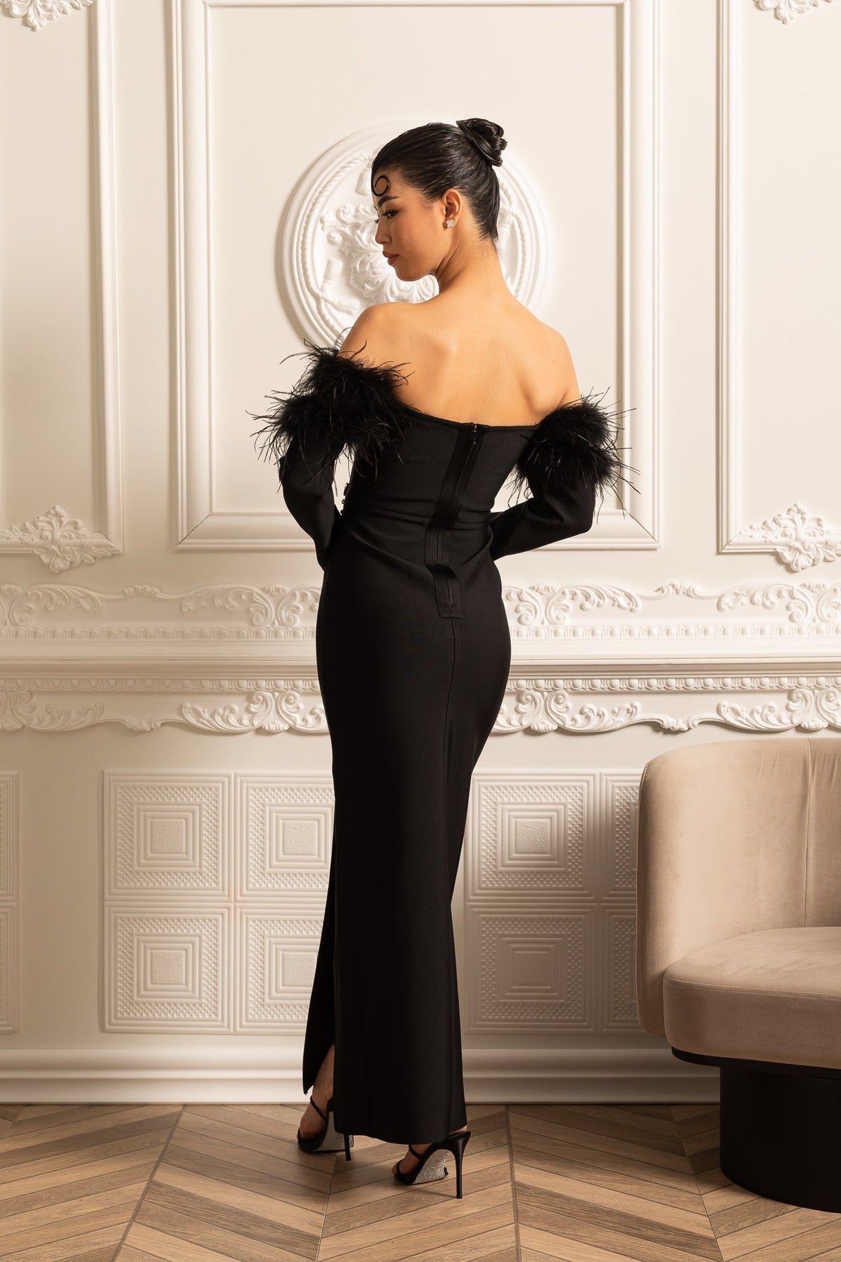 Off Shoulder Feather Trim Rhinestone Long Sleeve High Split Maxi Gown - View 13
