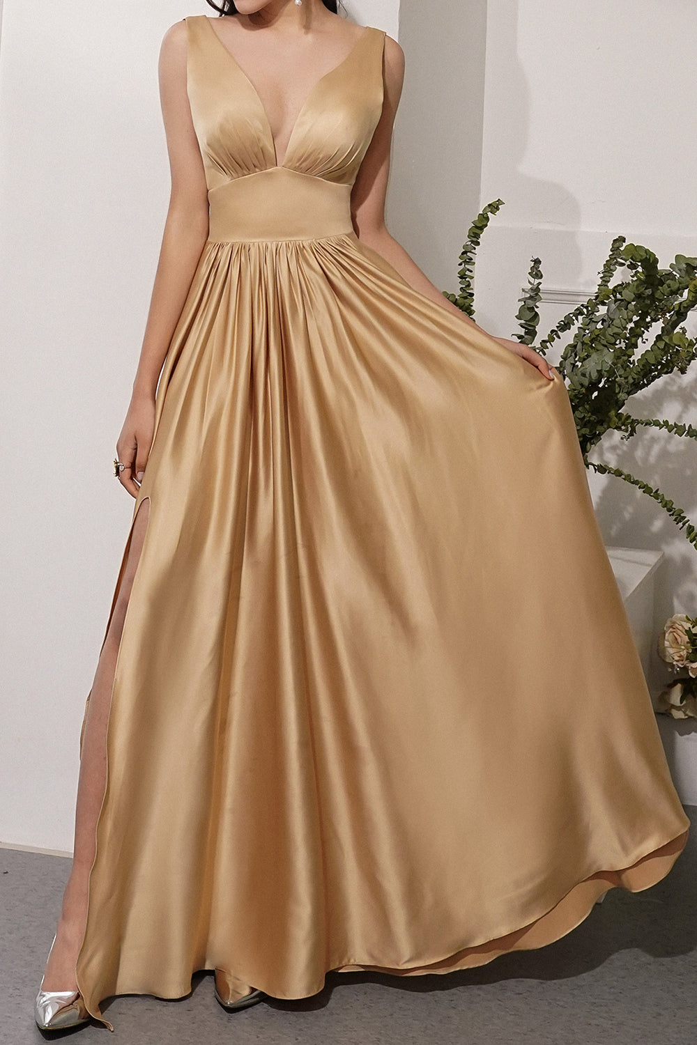 Satin Long Prom Party Dress With Slit - Fashionpara