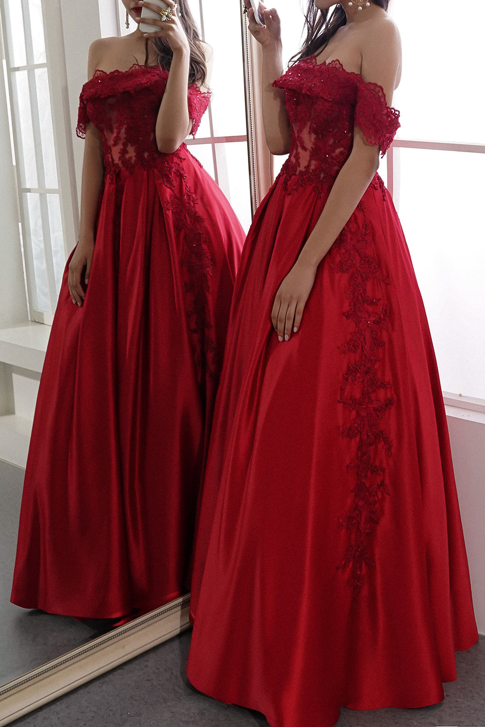 Red Off the Shoulder Long Prom Dress - Fashionpara