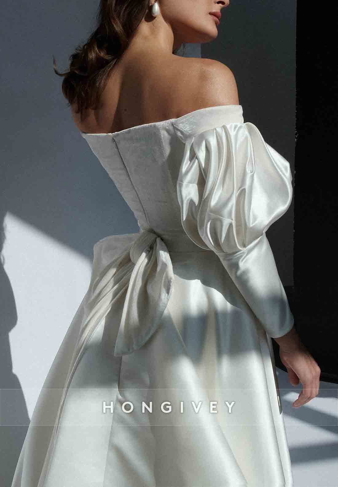 Bowknot Chapel Train A-line Off the Shoulder Long Sleeve Pleated Wedding Dresses