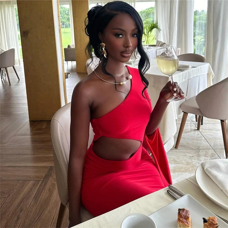 One Shoulder Cape Sleeve Waist Cutout Mermaid Gown