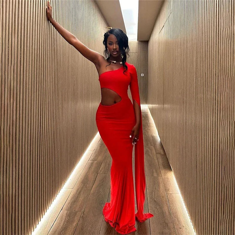 One Shoulder Cape Sleeve Waist Cutout Mermaid Gown