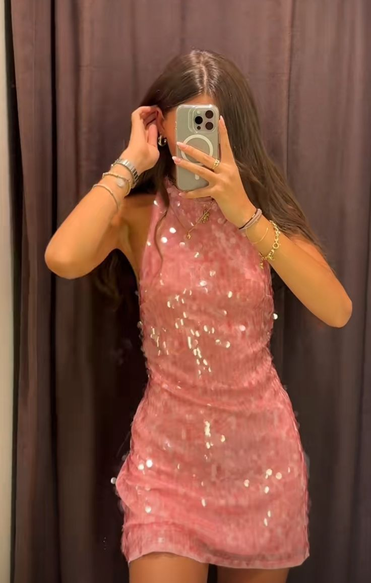Elegant Pink Halter Sleeveless Sequin Short Party Dress Birthday Outfits S793