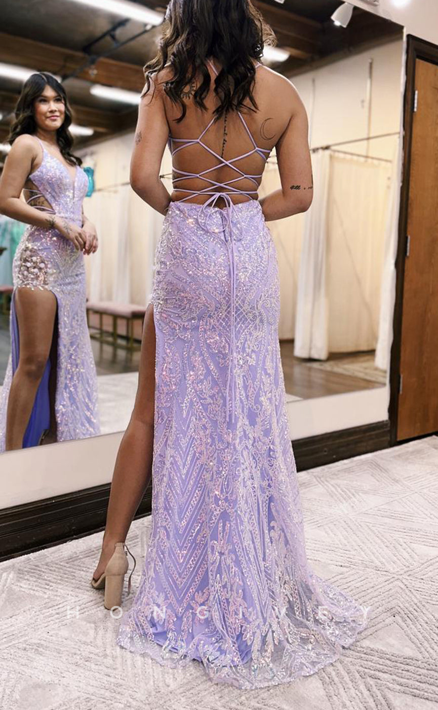L2791 - V-Neck Spaghetti Straps Lace Applique With Side Slit Party Prom Evening Dress - Fashionpara