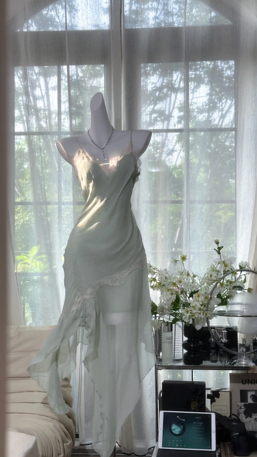 Sexy Light Green Chiffon Lace Pleated Mermaid Long Party Dress Prom Dresses D940