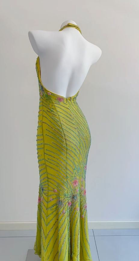 Unique Green Halter V Neck Chiffon Beaded Mermaid Evening Dress Backless Long Party Dress D1323